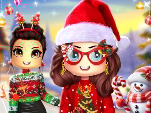 In Roblox Christmas Dressup two girls are dressed for the snow outside